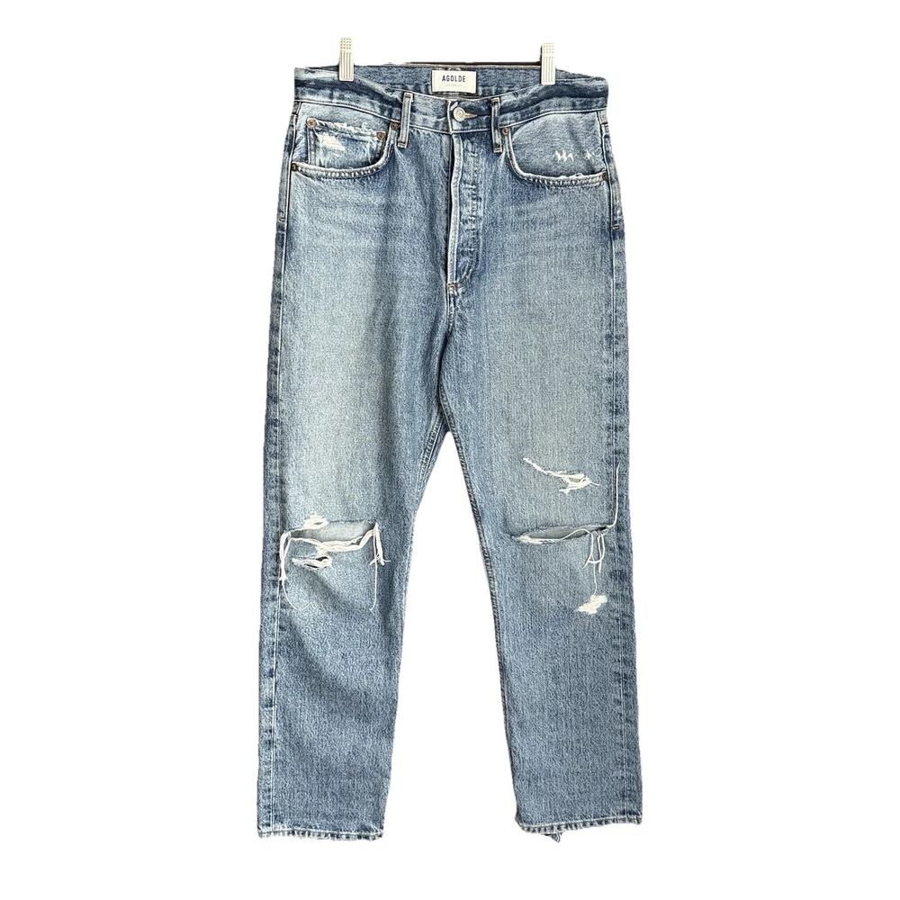 AGOLDE 90s Crop Jeans 26 Fall Out Distressed Mid Rise Straight Leg Cotton Blue